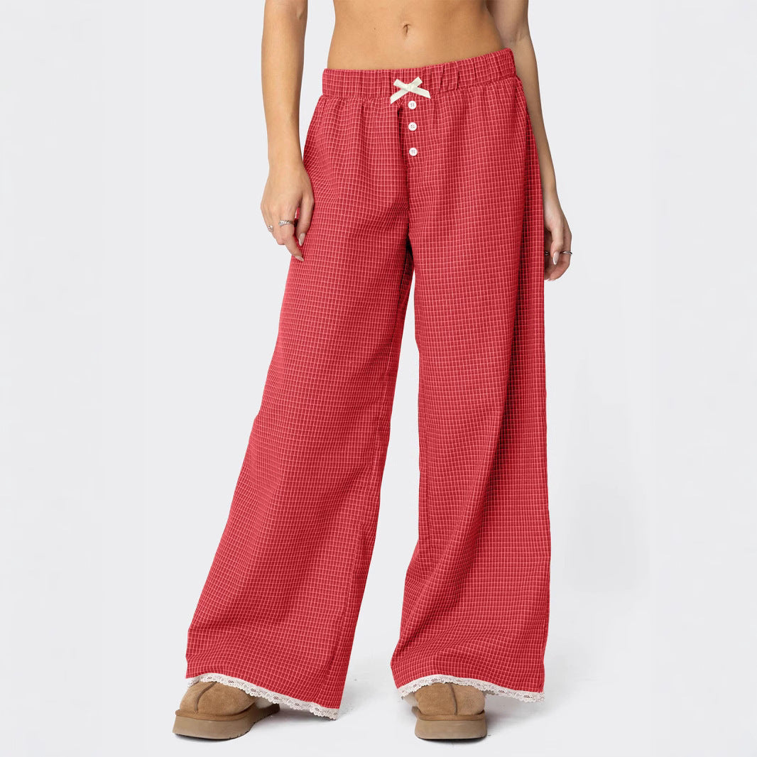 Women's Pastoral Style Plaid Printed Straight Elastic Casual Pants