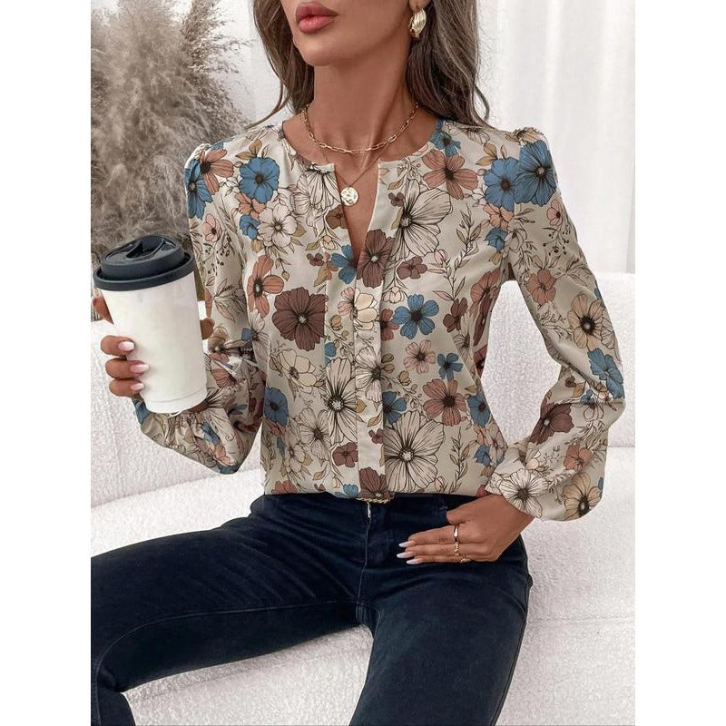 Women's Floral Print Notched Collar Shirt Elegant