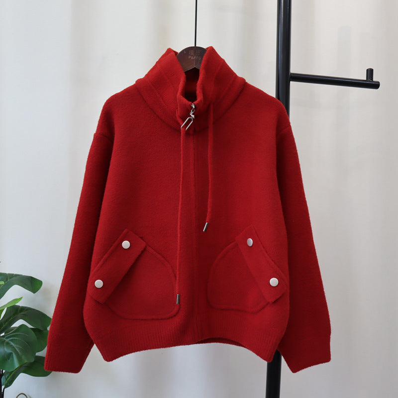Loose Versatile Zipper Knitted Double-faced Woolen Goods Solid Color Coat For Women