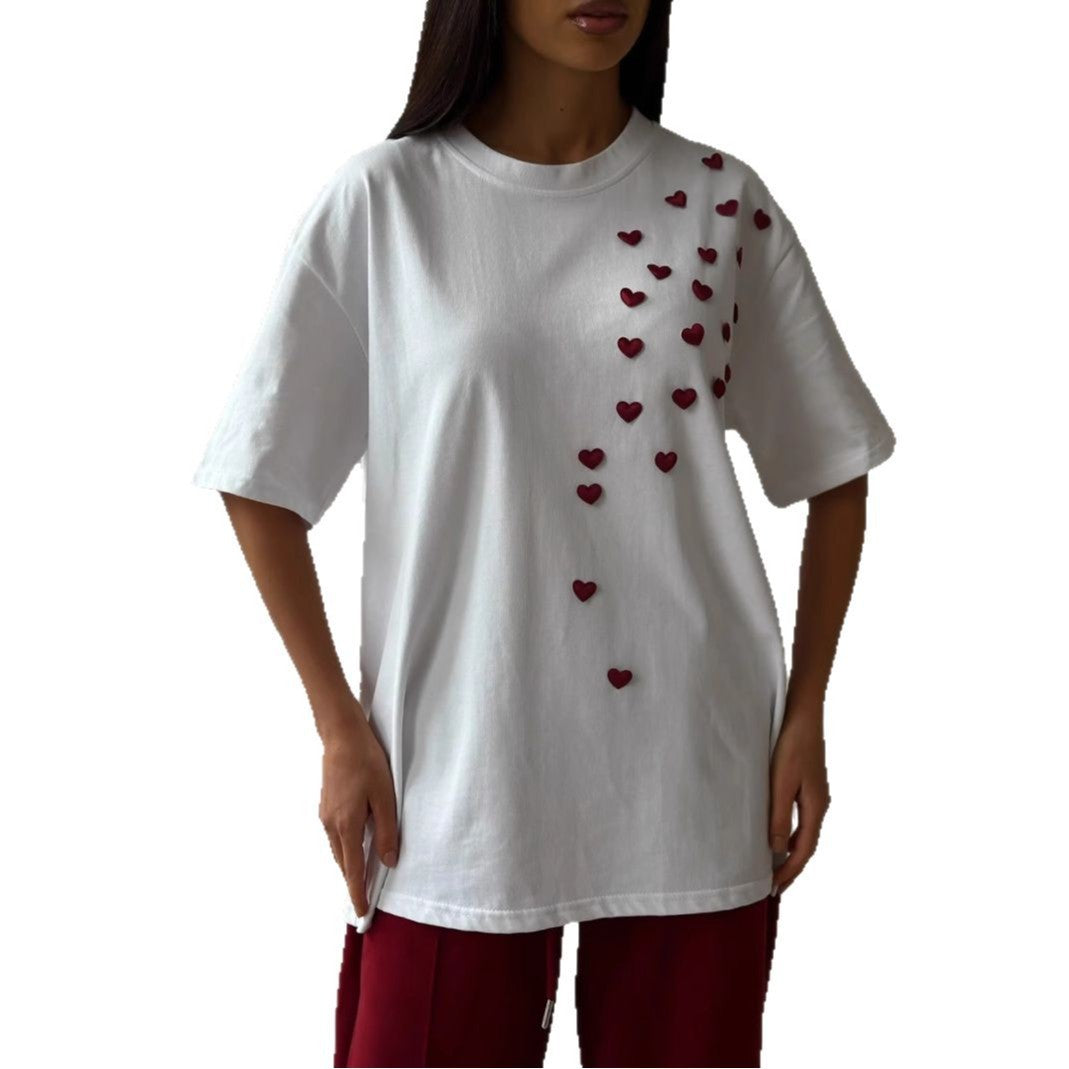 Women's Love Embroidered Casual Round Neck Short Sleeves
