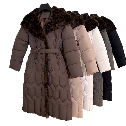 Stitching Overknee Long Slim-fit Belt Elegant Cotton-padded Jacket