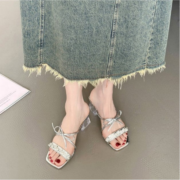 Square Bow Water Diamond Sandals With Exquisite Fairy Style French Temperament, Cool Slippers