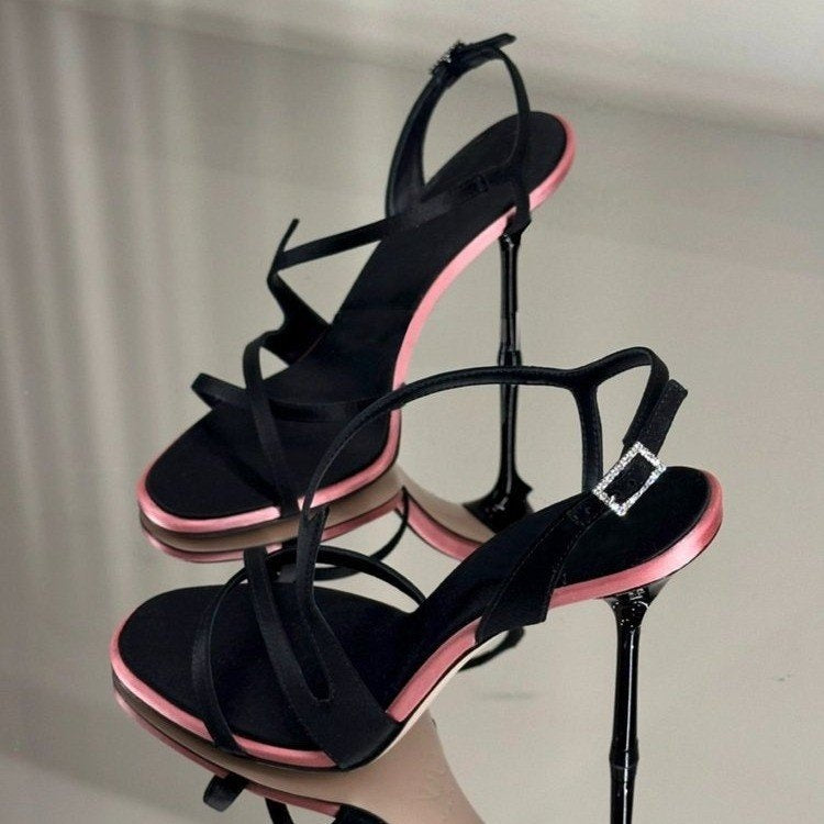 Chuyuji Black Stiletto High Heels 2026 New Summer Open Toe One Strap Satin Color Block Elegant Dating Sandals