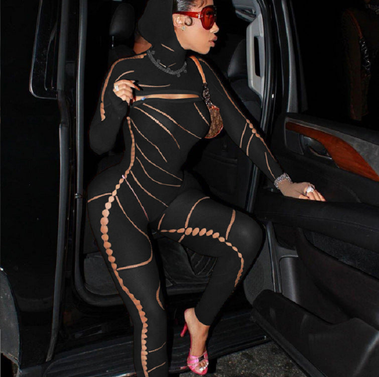 New Sexy Lace Hollow Out See-through Hooded High Waist Tight Knitted