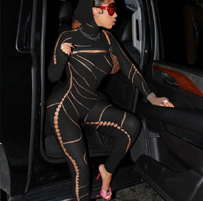 New Sexy Lace Hollow Out See-through Hooded High Waist Tight Knitted