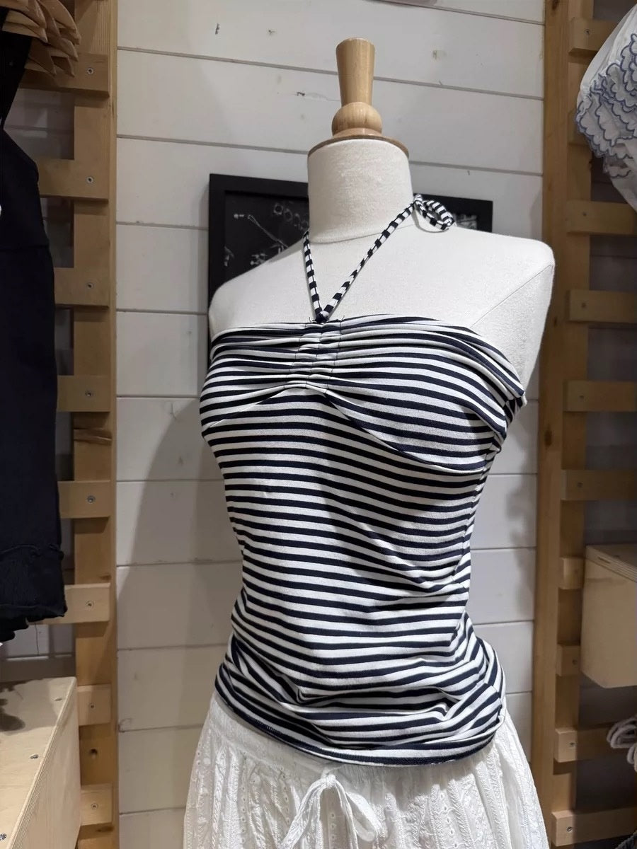 American-style Vintage Stripe Halter Spaghetti Straps Inner Vest