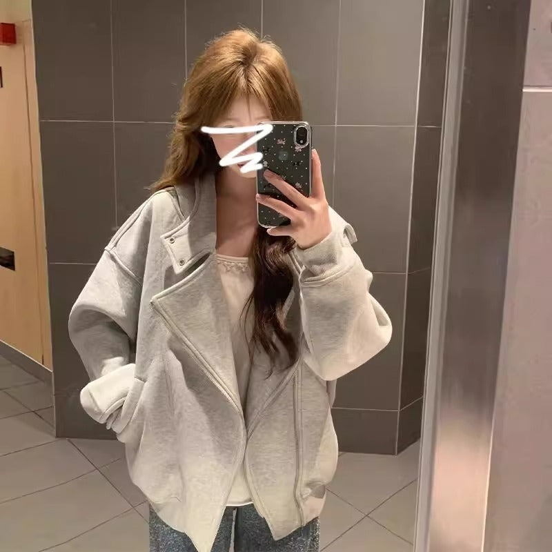 Korean Style Double Zipper Gray Coat Women's Autumn And Winter