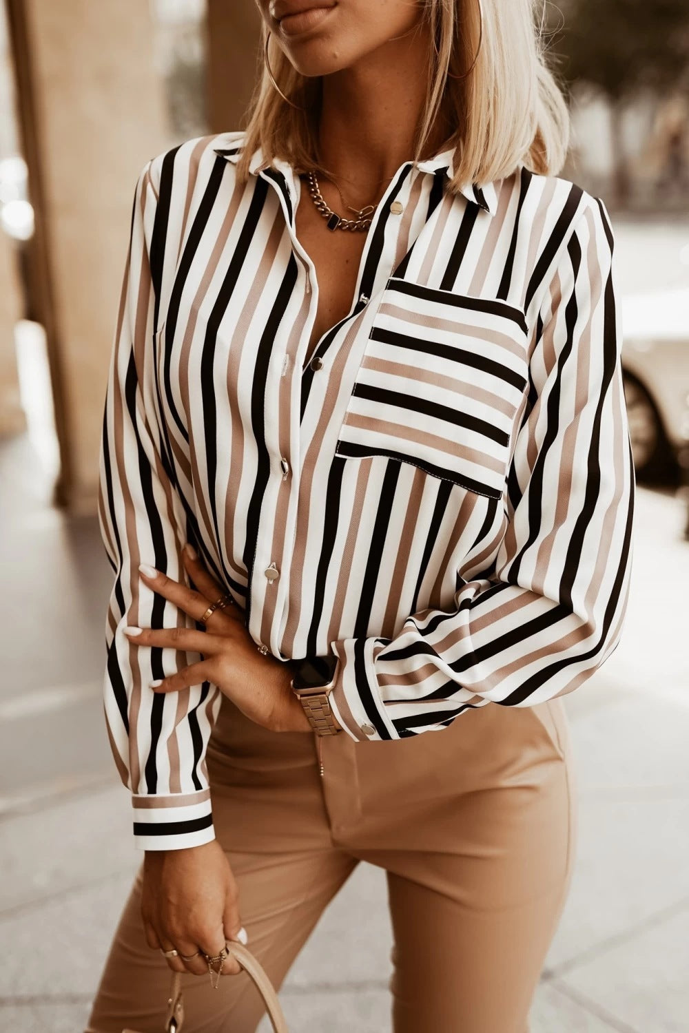 Versatile Simple Striped Printed Collar Shirt For Women