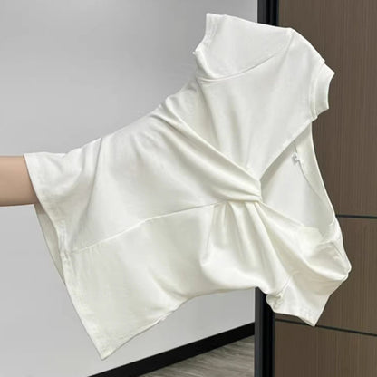 Female Solid Color One Shoulder Off Shoulder V-neck Short Sleeved Shirt