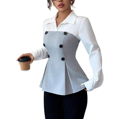 Women's Long-sleeved Contrast Color Double Breasted Fitted Waist Shirt