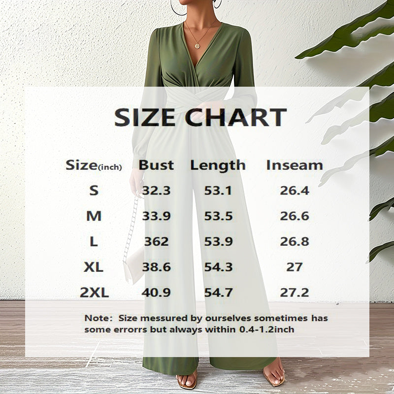 Women's Elegant Jumpsuit With Cross V-Neck & Long Sleeve Solid Color Belted Wide Leg Pantsuit For Office And Formal