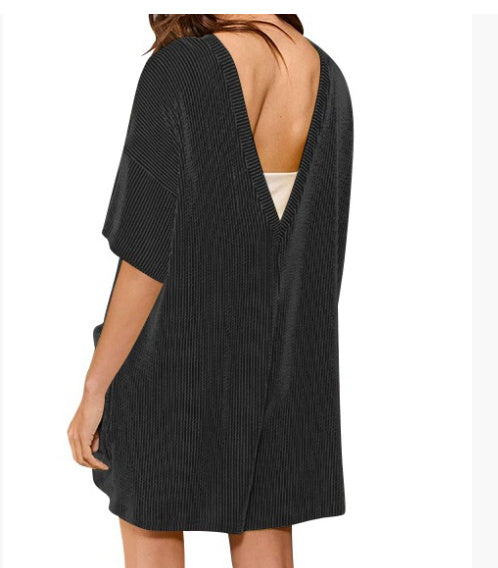 Women's Loose Pockets Back V-neck Short-sleeved Jumpsuit