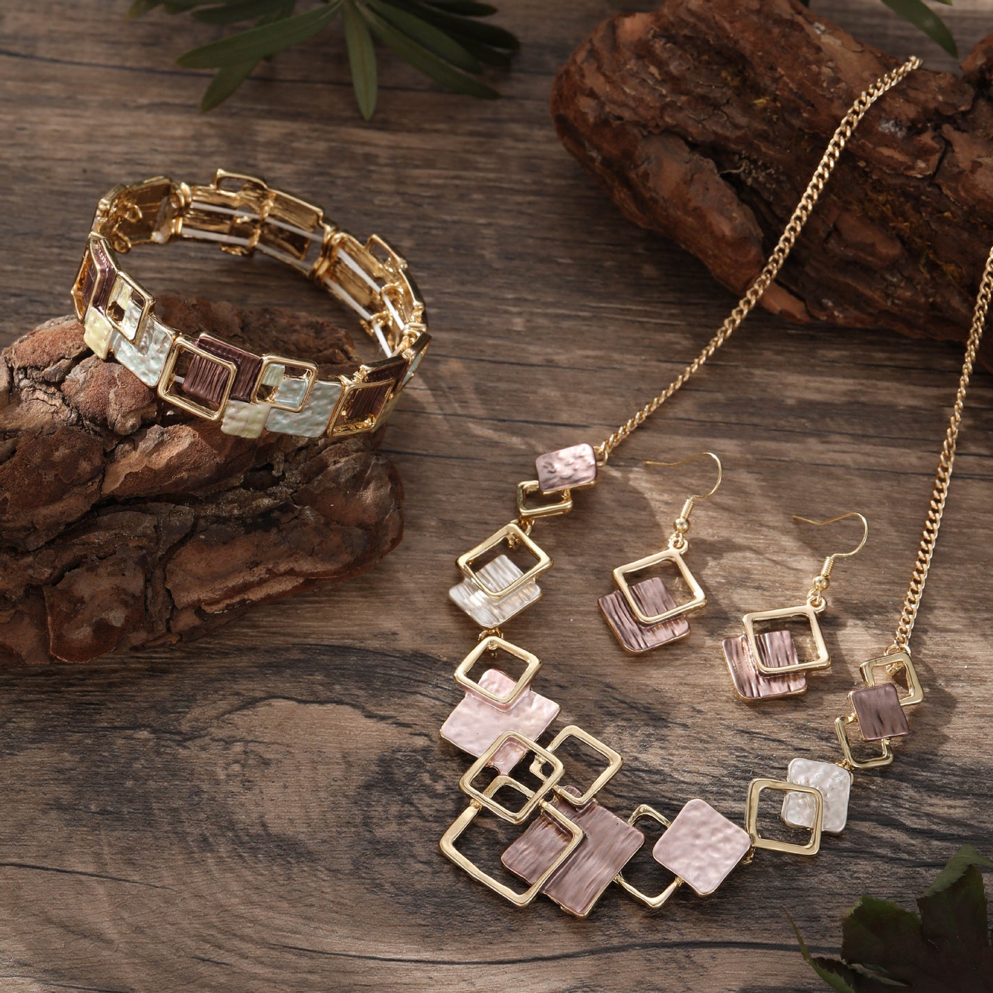 Colorful Geometric Square Jewelry Set – Earrings, Bracelet & Necklace
