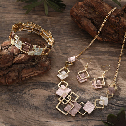 Colorful Geometric Square Jewelry Set – Earrings, Bracelet & Necklace