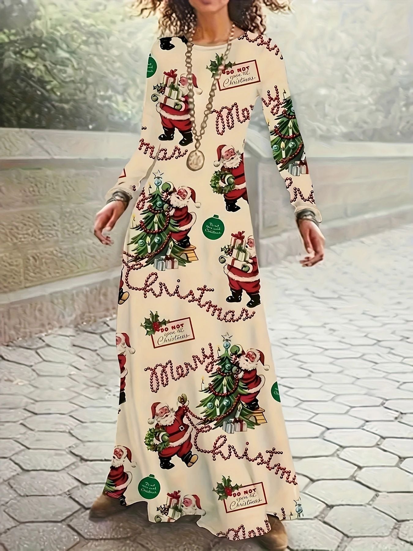 Santa Claus Printed Round Neck Long Sleeve Elegant Dress
