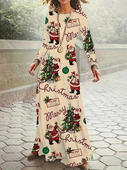Santa Claus Printed Round Neck Long Sleeve Elegant Dress