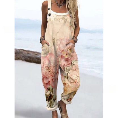 Women's Summer Digital Printing Button Casual Suspender Trousers