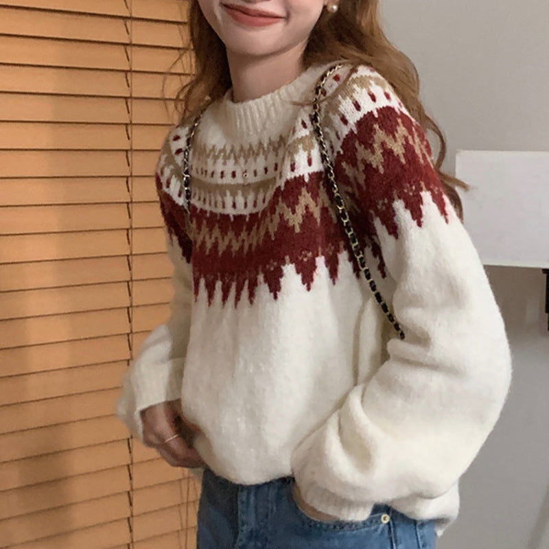 Loose Knitted Round Neck Pullover Red Sweater