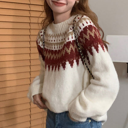 Loose Knitted Round Neck Pullover Red Sweater