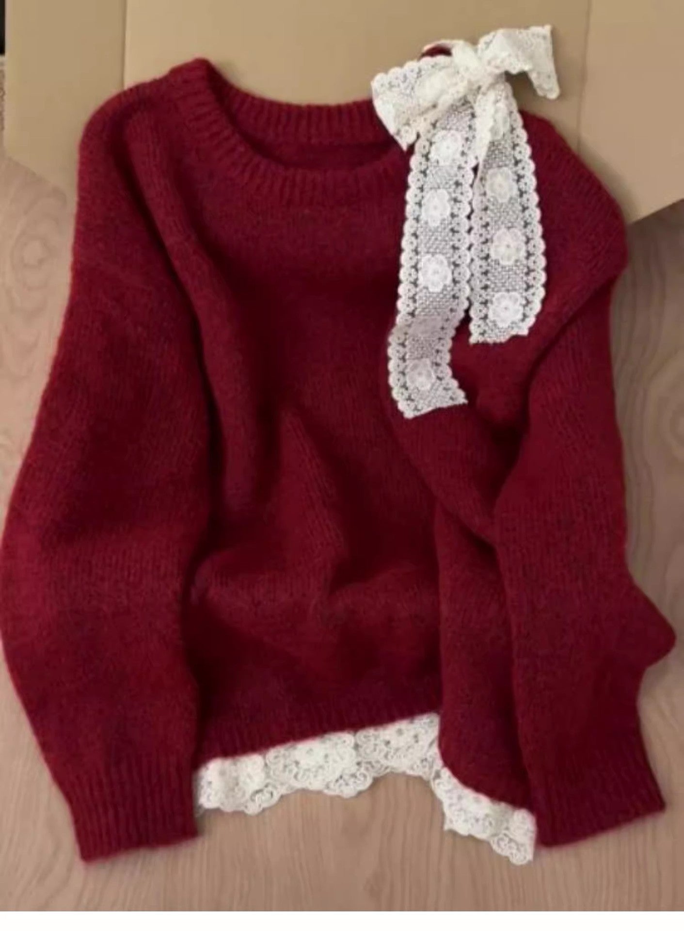 High-grade Lace Red Off-the-shoulder Sweater