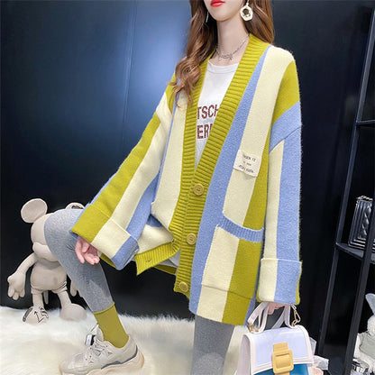Striped Color Stitching Knitted Cardigan Sweater Coat For Women