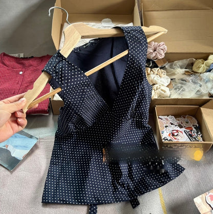 Navy Blue Polka Dot V-neck Tight Waist Outerwear Top