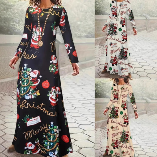 Santa Claus Printed Round Neck Long Sleeve Elegant Dress