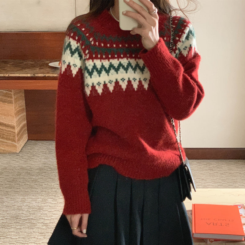 Loose Knitted Round Neck Pullover Red Sweater