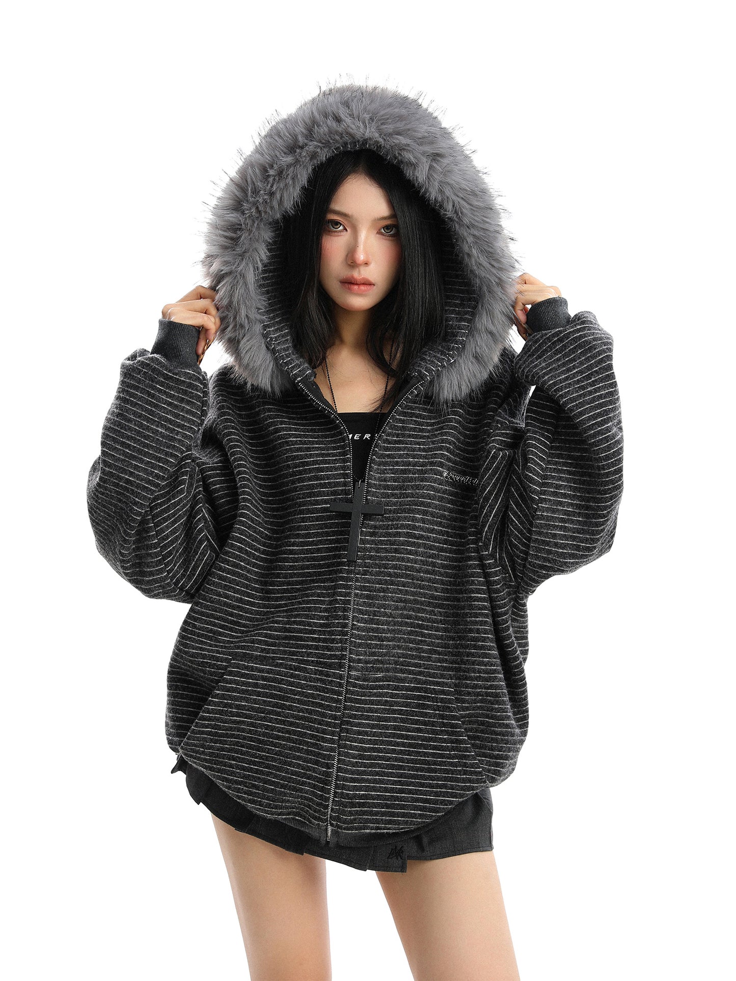 American Striped Detachable Big Fur Collar Hooded Sweater
