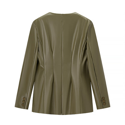 Women's Long-sleeved V-neck Leather Jacket