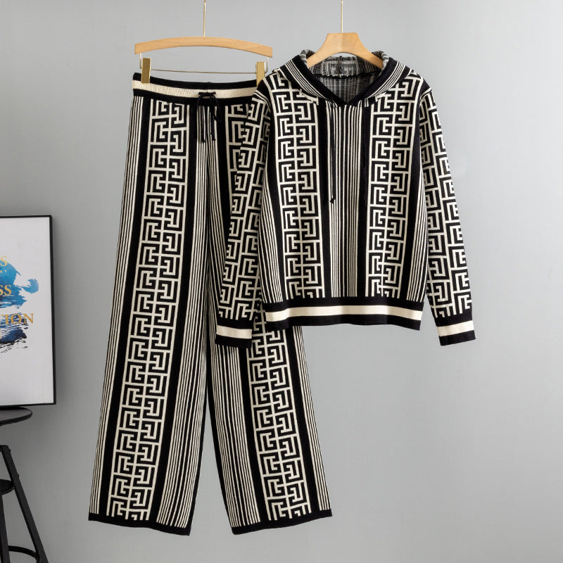Temperament Hooded Sweater Younger Pullover Wide Leg Pants Knitting Suit