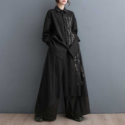 Loose Dark Printed Personality Mesh Stitching Culottes