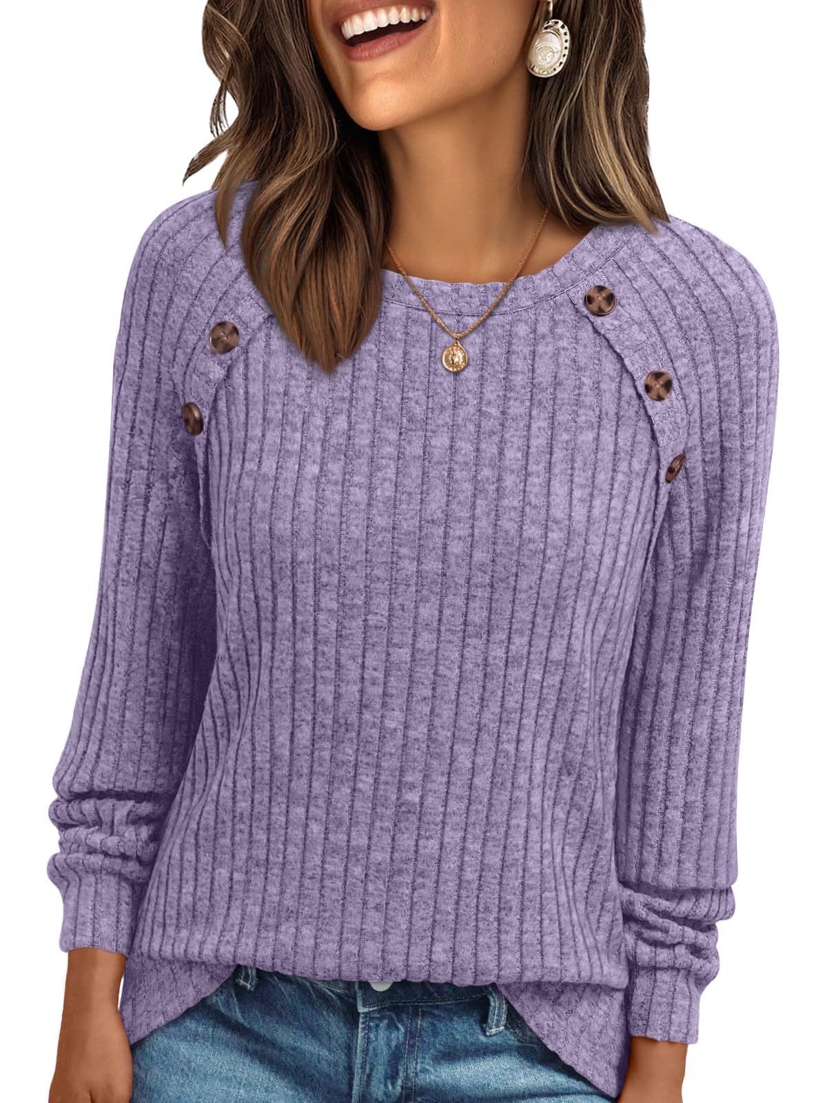 Round Neck Sunken Stripe Brushed Solid Color Top Long Sleeve