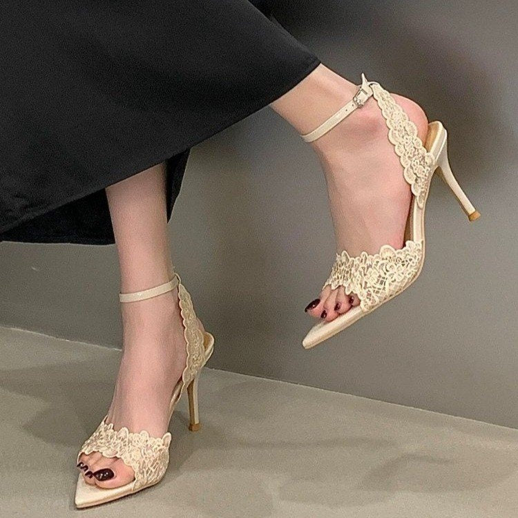 Summer New French Niche Design Women Sandals, Pointed Toe Lace Stiletto High Heel Open Toe Outdoor Shoes