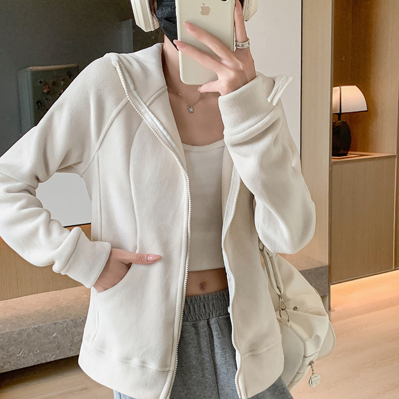 Hooded Zipper Sport Cardigan Coat Female Brushed Hoody