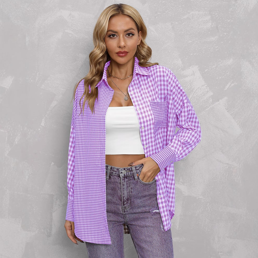 Lapel Plaid Colorblock Loose Casual Shirt