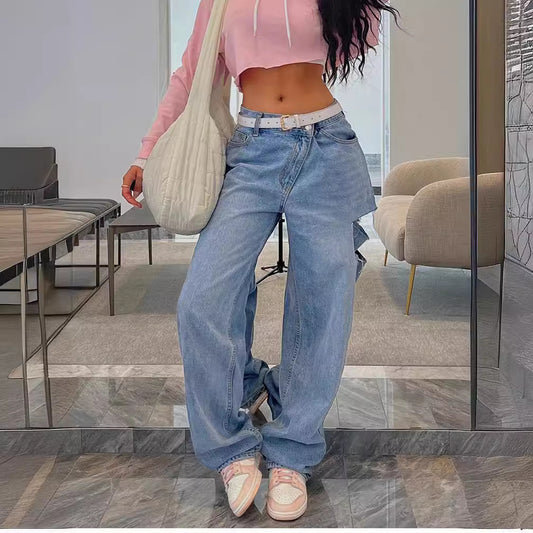 Fashionable Oblique Waist Low Waist Loose Hole Jeans For Women