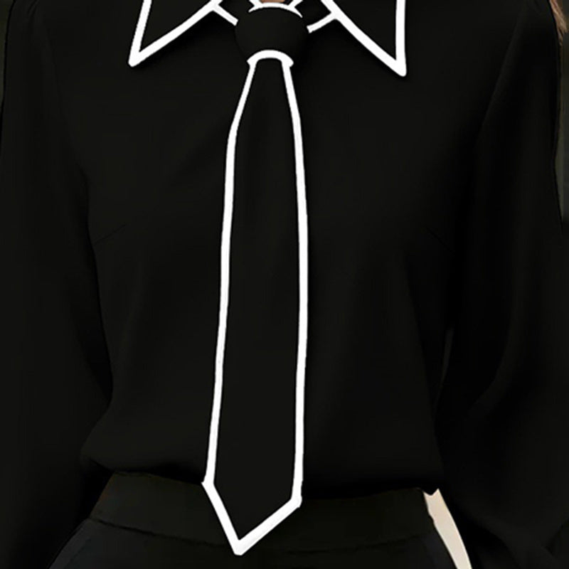 Women's Classic Tie & Lapel Blouse, Long Sleeve Contrast Color Design Shirt For Office And Formal Wear