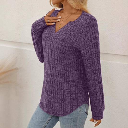 Women's V-neck Sunken Stripe Brushed Solid Color Top