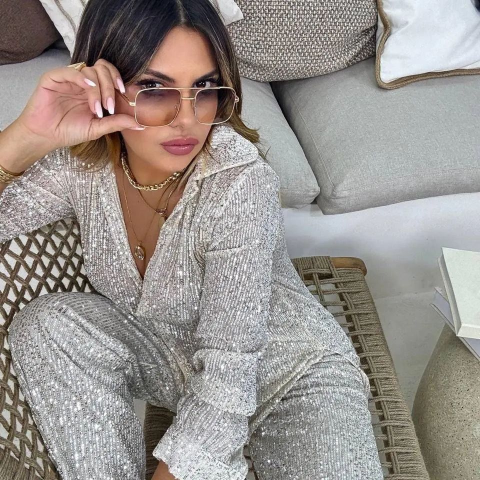 Fashion Casual Women's Clothing Sequin Coat Trousers Top Suit