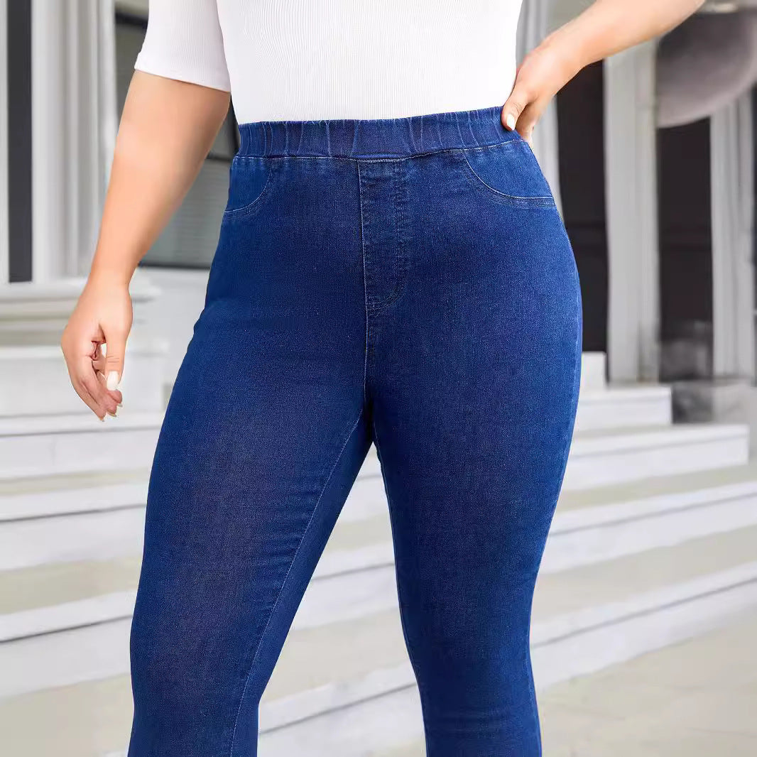 Plus Size Denim Elastic Waist Cropped Skinny Pants Elastic