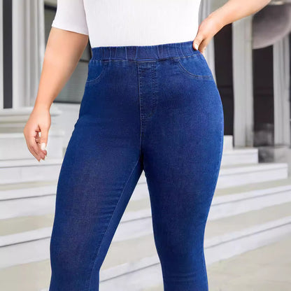 Plus Size Denim Elastic Waist Cropped Skinny Pants Elastic