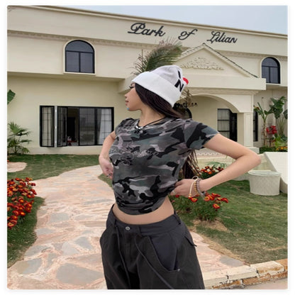 Retro Camouflage Printed Short Sleeved T-shirt For Women