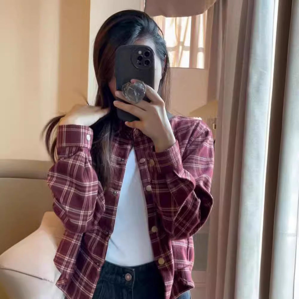 American Retro Short Plaid Shoulder Shirt Coat