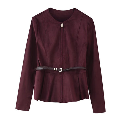 Women's Belt Suede Short Skirt Hem Jacket