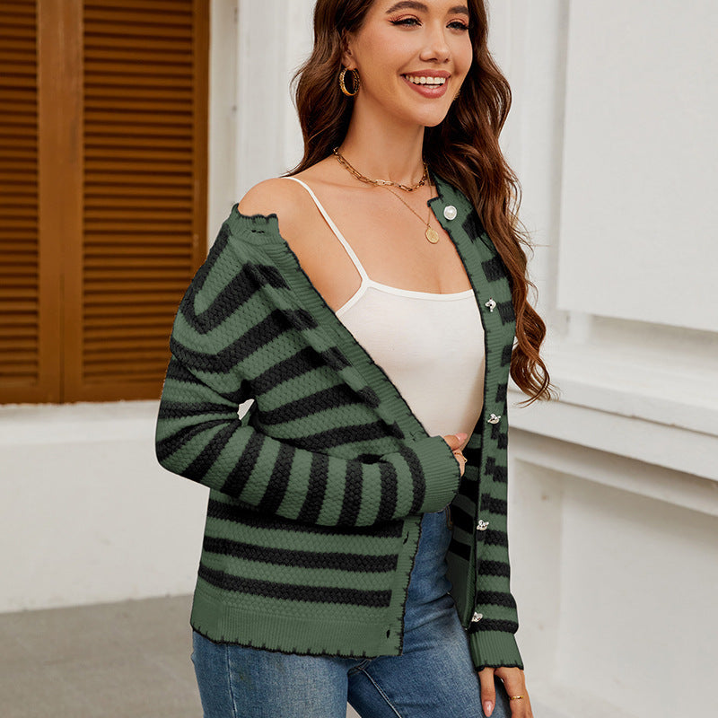Women's Striped Sweater Button Knitted Cardigan