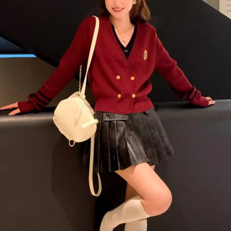 Long Sleeve College Style Fake Two-piece Cardigan Sweater