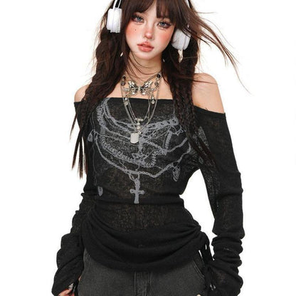 Girl Style Floral-print Off-shoulder Long Sleeve