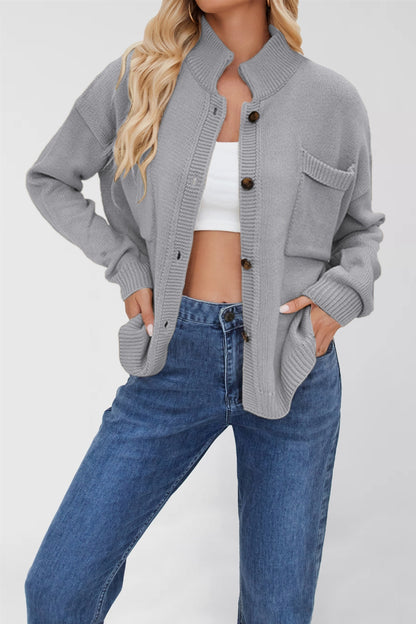 Standing Collar Plus Size Sweater Solid Color Cardigan For Women