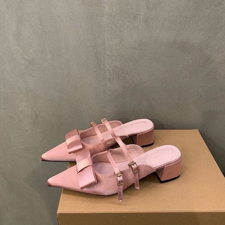 French Elegant Closed Toe Mule Slippers Outdoor Wear, 2026 Summer New Fairy Style Bow Block Heel Loafers Women Shoes